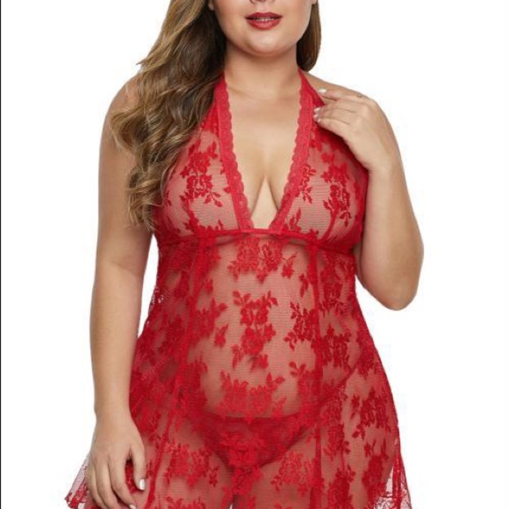Red lace floral chemise with red lace thong panty